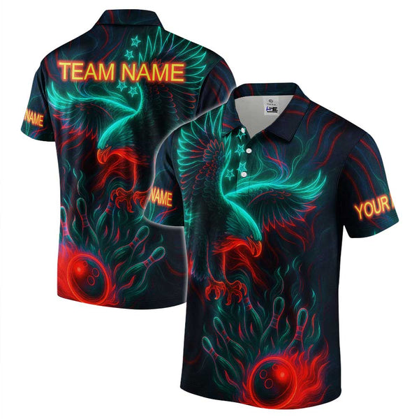 Personalized Bowling Eagle Neon Men Women Performance Polo Shirt Custom Name Bowling Team Jersey