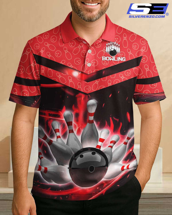 Personalized Bowling And Pins Flame Men Women Polo Shirt Custom Name Bowling Team Jersey