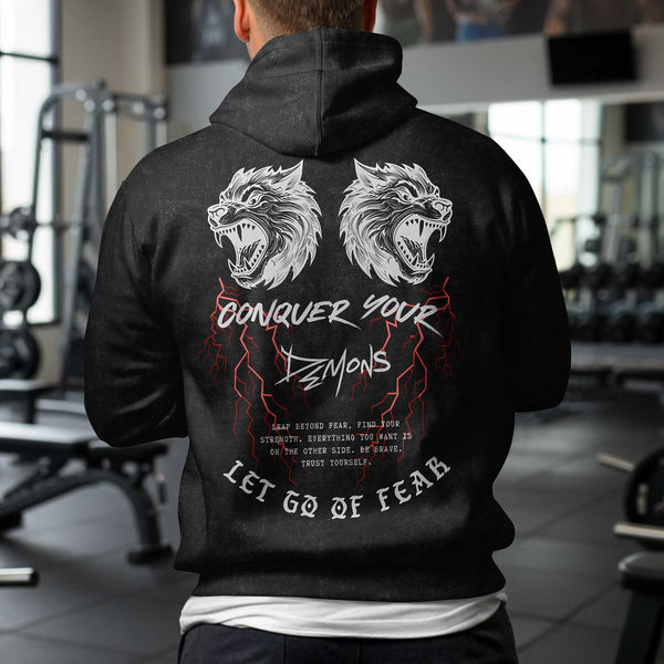 Conquer Your Demons Men's Gym Hoodie, Workout Shirt, Oversized Pullover Hoodie