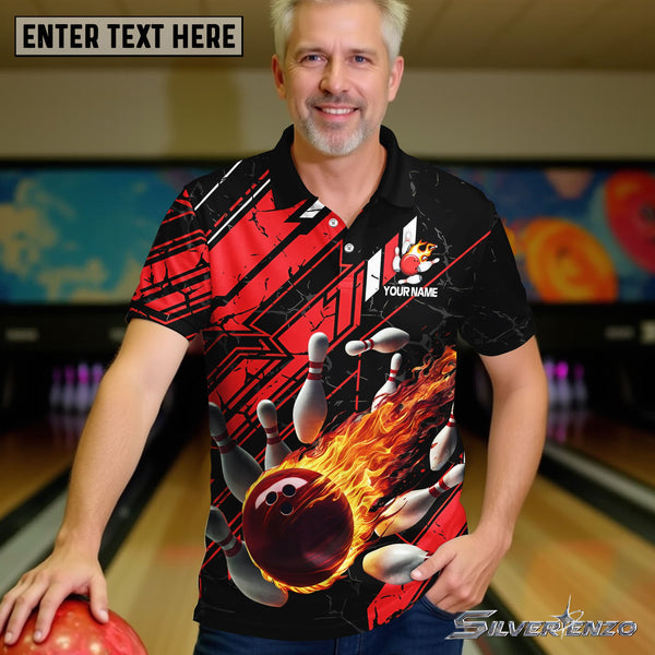 Bowling And Pins Red Flame Personalized Men Women Polo Shirt Custom Bowling Team Jersey