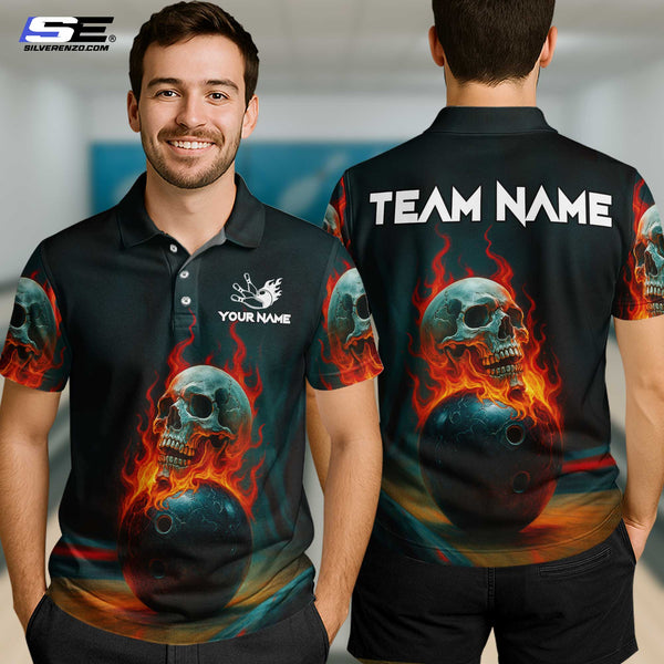 Personalized Bowling Flame Skull Men Women Polo Shirt Custom Name Bowling Team Jersey
