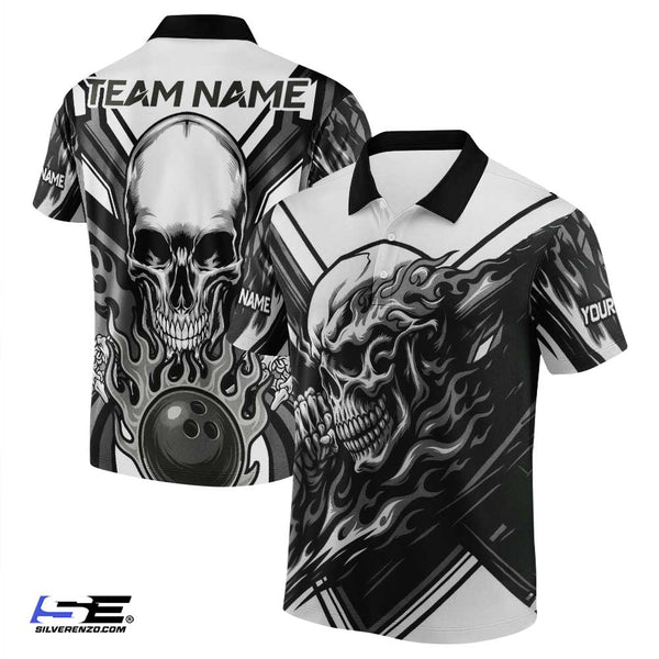 Personalized Bowling Skull Flaming Men Women Performance Polo Shirt Custom Name Bowling Team Jersey