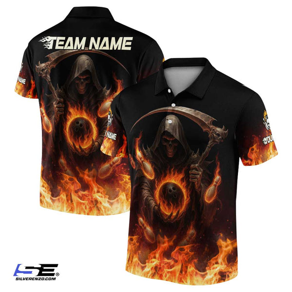 Personalized Bowling Reaper Flaming Gothic Men Women Polo Shirt Custom Name Bowling Team Jersey