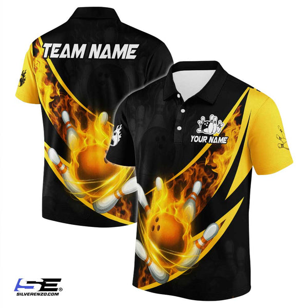 Personalized Flame Bowling Men Women Polo Shirt Custom Name Bowling Team Jersey