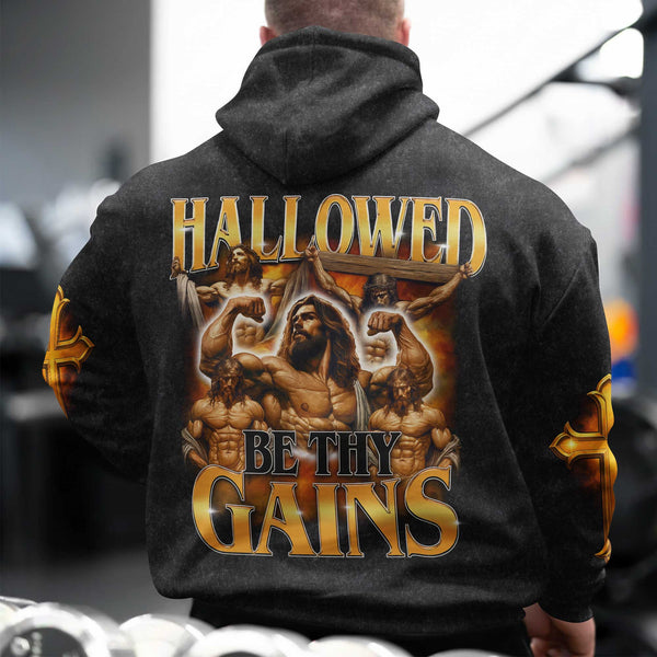 Hallowed Be Thy Gains Men's Gym Hoodie, Workout Shirt, Oversized Pullover Hoodie