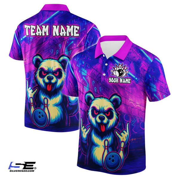 Personalized Bowling Neon Bear Men Women Polo Shirt Custom Name Bowling Team Jersey