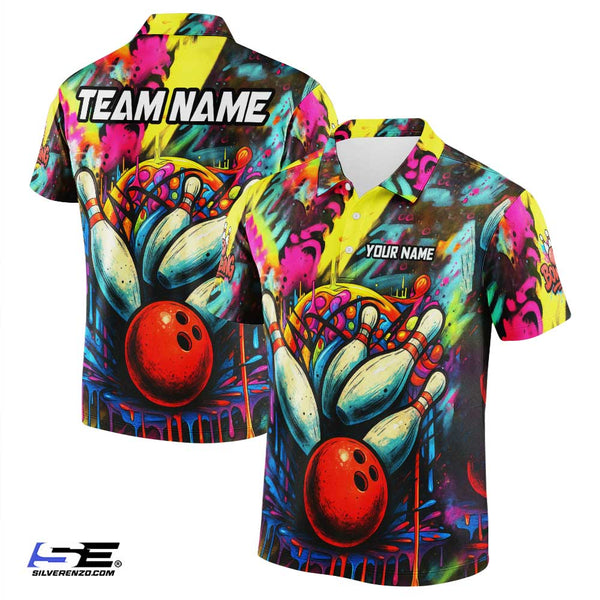 Personalized Bowling Graffiti Men Women Polo Shirt Custom Name Bowling Team Jersey