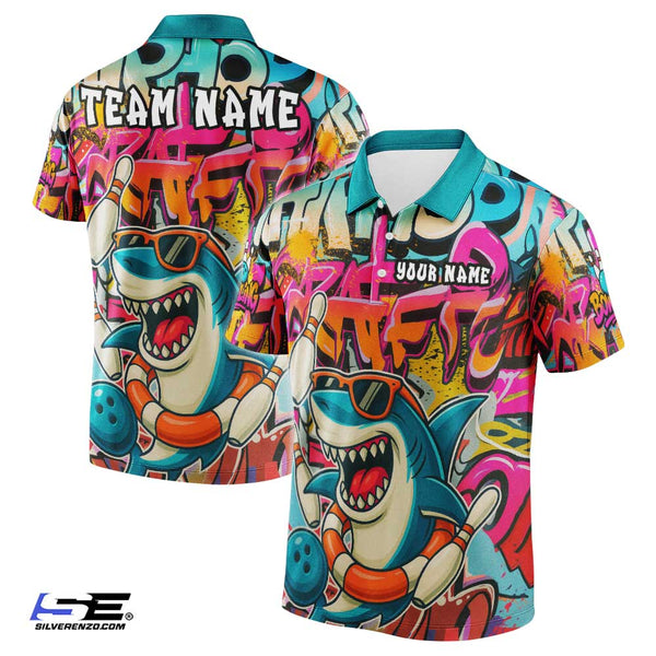 Personalized Bowling Graffiti Shark Men Women Polo Shirt Custom Name Bowling Team Jersey