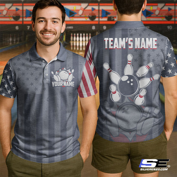 Bowling And Pins USA Flag Personalized Men Women Polo Shirt Custom Bowling Team Jersey