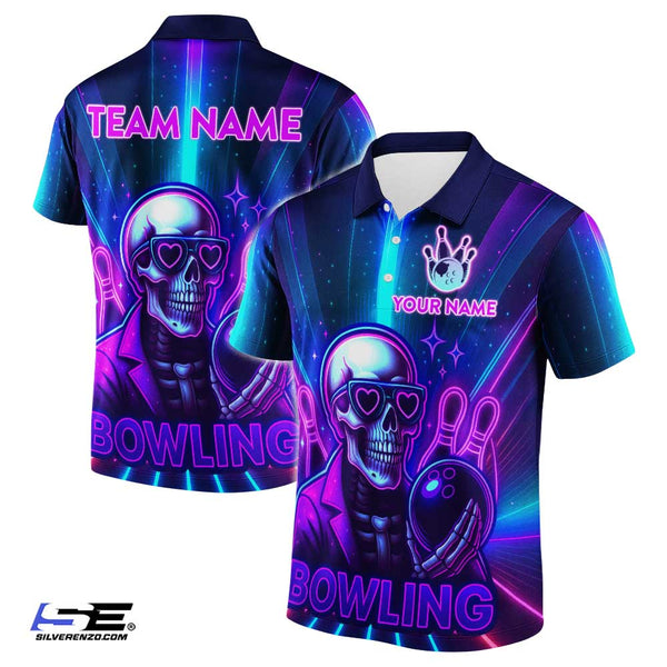 Personalized Bowling Neon Skull Funny Men Women Polo Shirt Custom Name Bowling Team Jersey