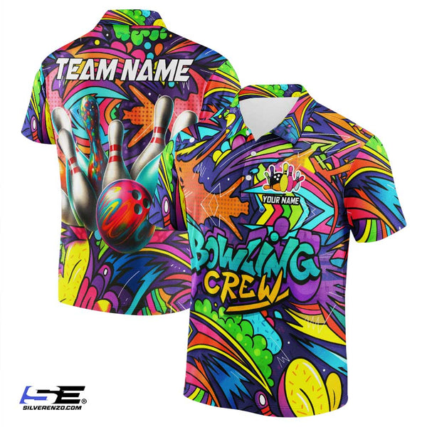 Personalized Bowling Crew Graffiti Men Women Polo Shirt Custom Name Bowling Team Jersey