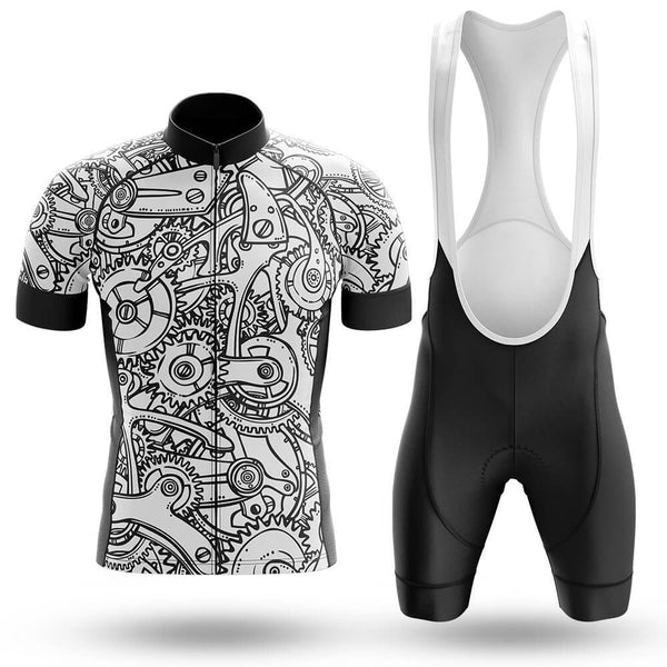 Black White Gears Men's Cycling Jersey Set, Road Bike Cycling Kit for Men, Biking Outfit, Bicycle Suit, Team Racing Uniform