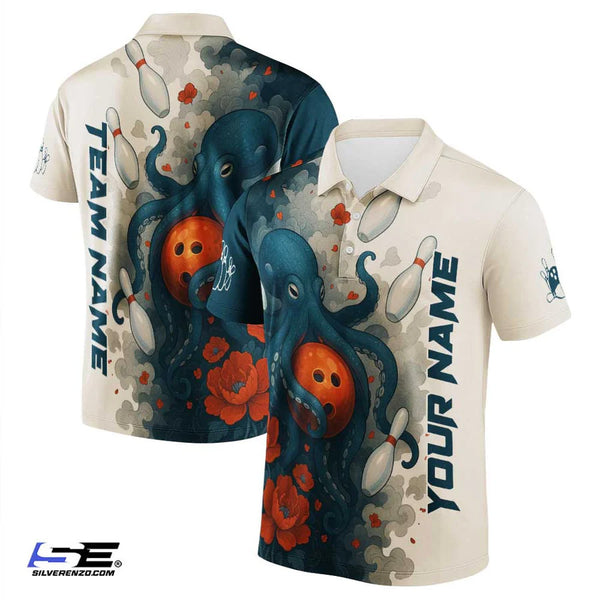 Personalized Bowling Octopus Men Women Performance Polo Shirt Custom Name Bowling Team Jersey