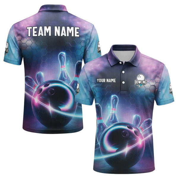 Personalized Bowling Galaxy Men Women Performance Polo Shirt Custom Name Bowling Team Jersey