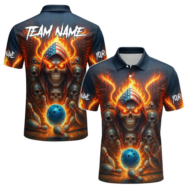 Personalized Bowling Skull Patriot Men Women Performance Polo Shirt Custom Name Bowling Team Jersey