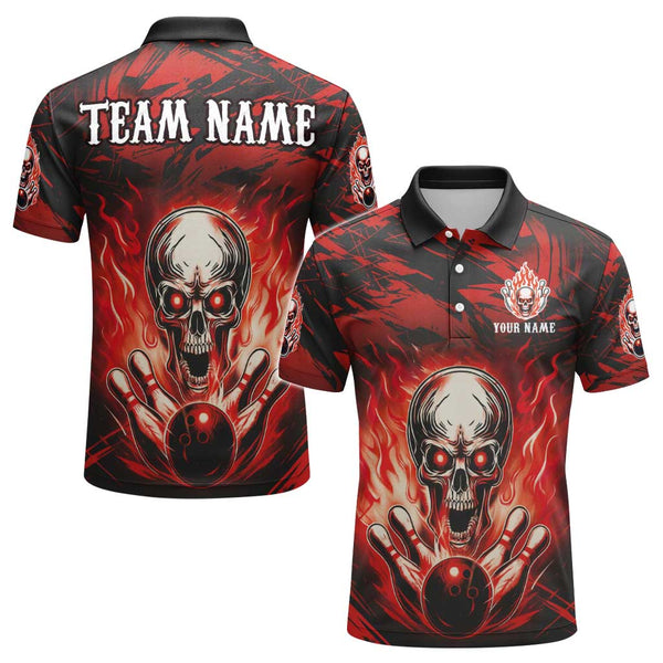 Personalized Bowling Skull Flaming Men Women Performance Polo Shirt Custom Name Bowling Team Jersey