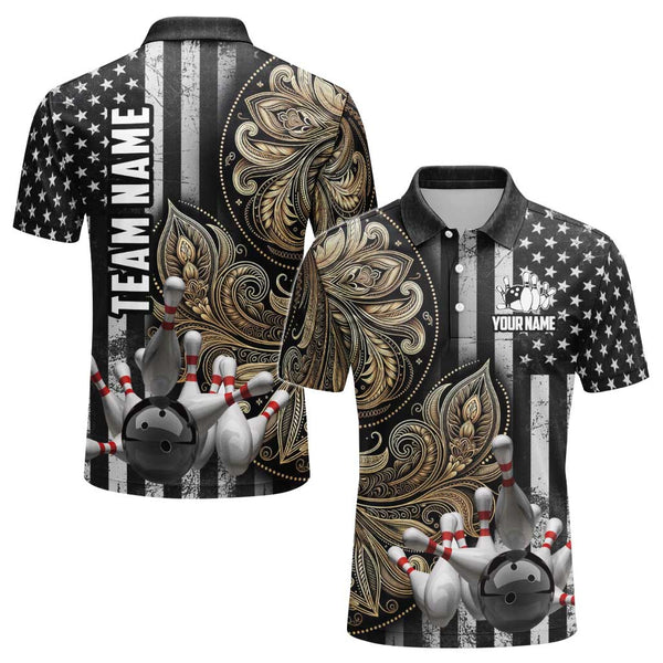 Personalized Bowling Mandala US Flag Men Women Performance Polo Shirt Custom Name Bowling Team Jersey