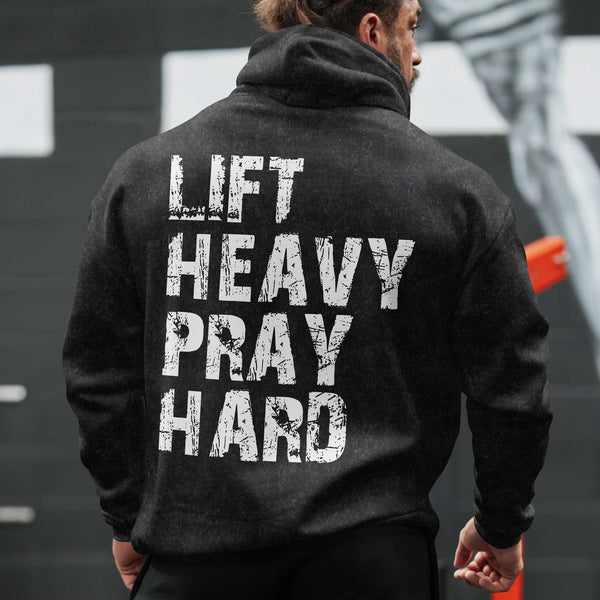 Lift Heavy Pray Hard Men's Gym Hoodie, Workout Shirt, Oversized Pullover Hoodie
