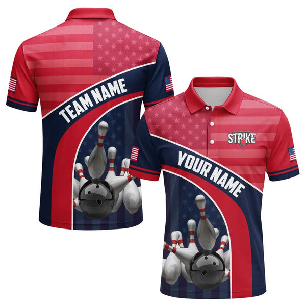 Personalized Bowling US Flag Men Women Performance Polo Shirt Custom Name Bowling Team Jersey