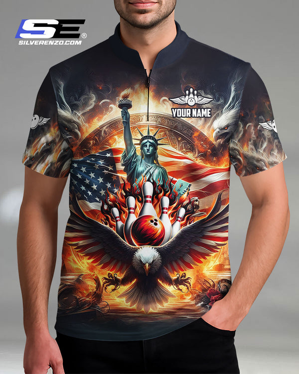 Personalized Bowling US Patriotic Eagle Men Women Polo Shirt Custom Name Bowling Team Jersey