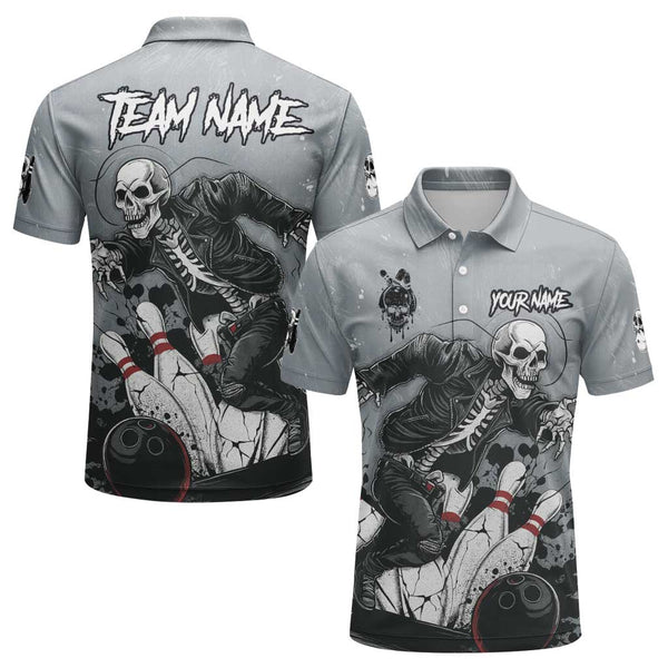 Personalized Bowling Skull Men Women Performance Polo Shirt Custom Name Bowling Team Jersey