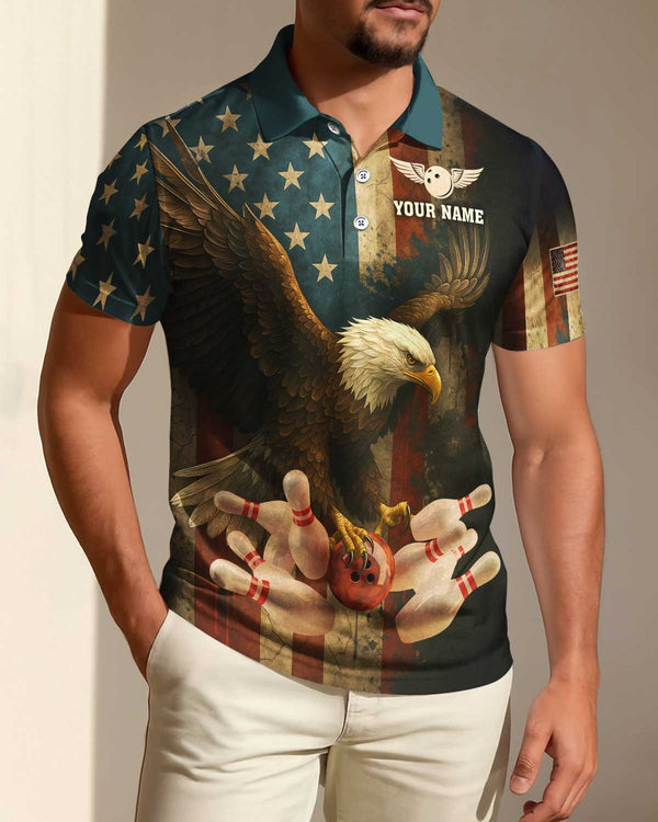 Personalized Bowling US Flag Eagle Patriotic Men Women Polo Shirt Custom Name Bowling Team Jersey