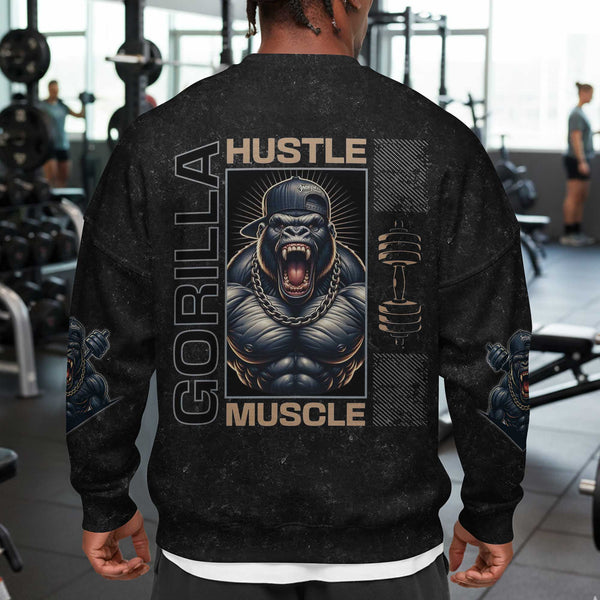 Gorilla Hustle Muscle Men's Gym Sweatshirt, Workout Shirt, Oversized Crewneck Sweatshirt