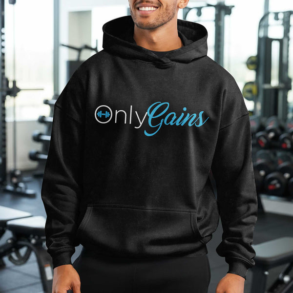 Only Gains Men's Gym Hoodie, Workout Shirt, Oversized Pullover Hoodie