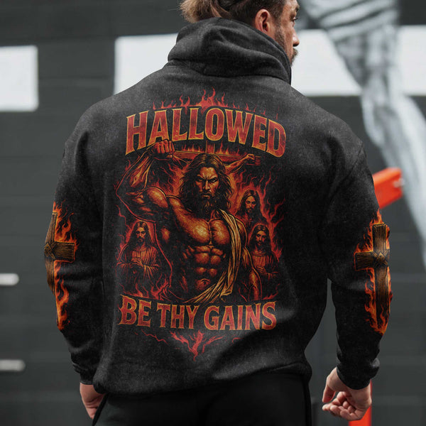 Hallowed Be Thy Gains Men's Gym Hoodie, Workout Shirt, Oversized Pullover Hoodie
