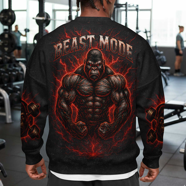 Beast Mode Men's Gym Sweatshirt, Workout Shirt, Oversized Crewneck Sweatshirt