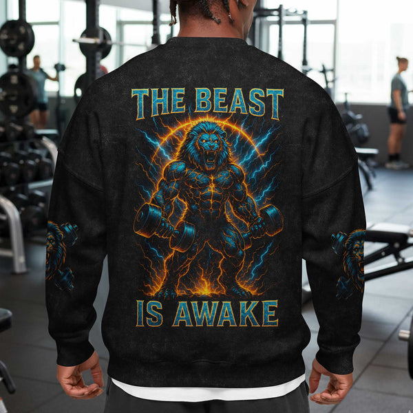 The Beast Is Awake Men's Gym Sweatshirt, Workout Shirt, Oversized Crewneck Sweatshirt