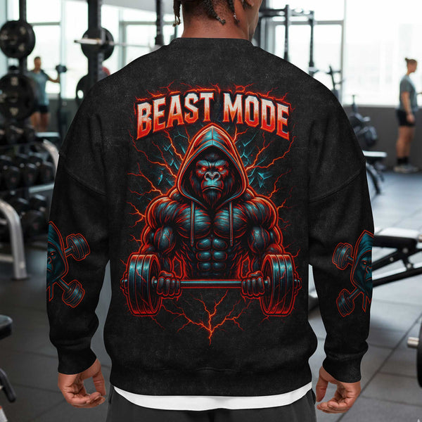 Beast Mode Men's Gym Sweatshirt, Workout Shirt, Oversized Crewneck Sweatshirt