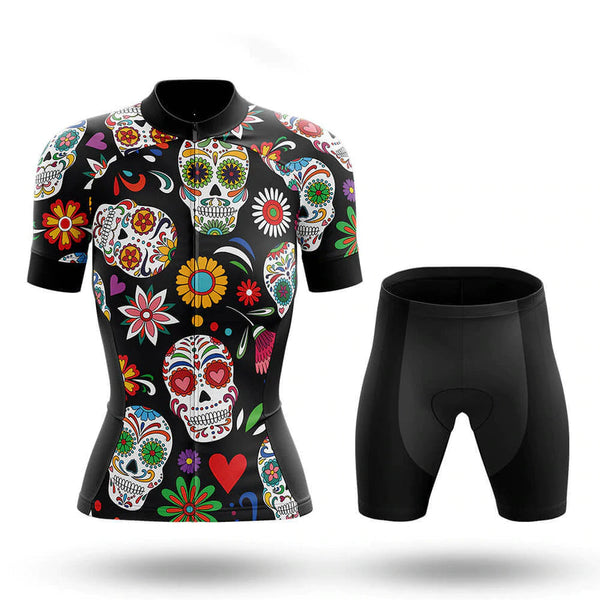 Colorful Sugar Skulls Women's Cycling Jersey Set, Road Bike Cycling Kit for Women, Biking Outfit, Bicycle Suit, Team Racing Uniform