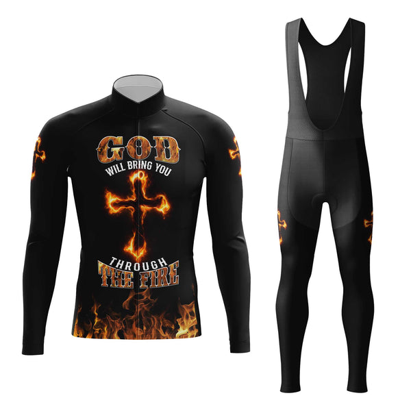 God Will Bring You Through Fire Men's Cycling Jersey Set, Road Bike Cycling Kit for Men, Biking Outfit, Bicycle Suit, Team Racing Uniform