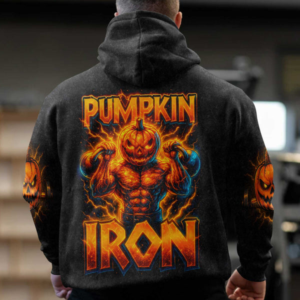 Pumpkin Iron Halloween Men's Gym Hoodie, Workout Shirt, Oversized Pullover Hoodie