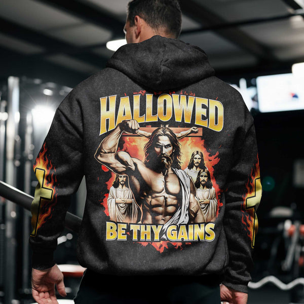 Hallowed Be Thy Gains Men's Gym Hoodie, Workout Shirt, Oversized Pullover Hoodie
