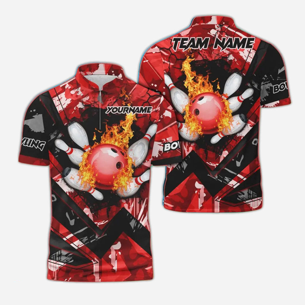 Bowling And Pins Flame Personalized Men Women Polo Shirt Custom Bowling Team Jersey