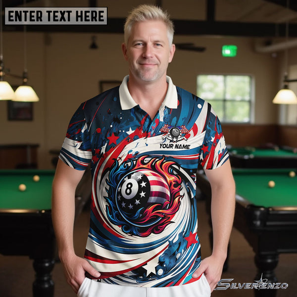 Billiards 8 Ball American Flag Personalized Men Women Polo Shirt Custom Billiard Team Jersey