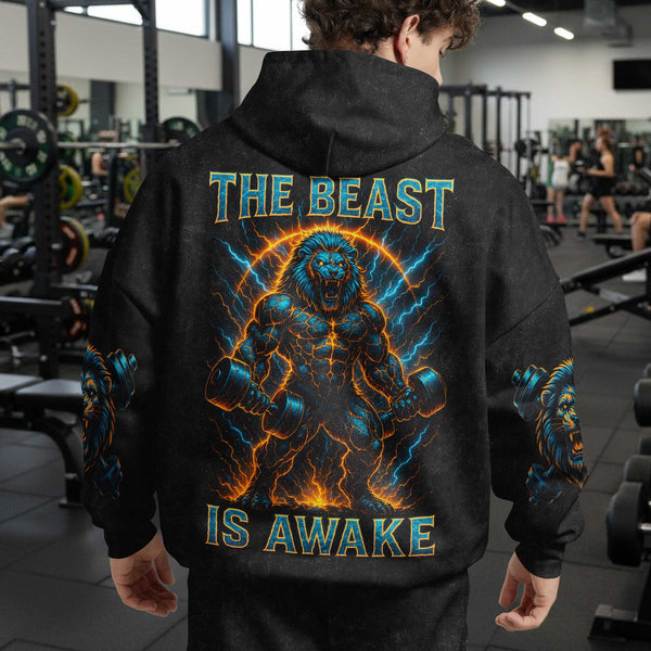 The Beast Is Awake Men's Gym Hoodie, Workout Shirt, Oversized Pullover Hoodie