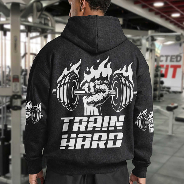 Train Hard Men's Gym Hoodie, Workout Shirt, Oversized Pullover Hoodie