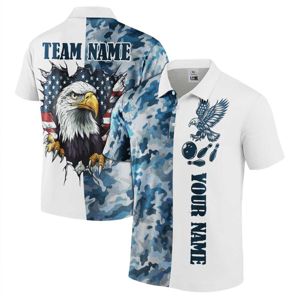 Personalized Bowling Eagle Camo US Flag Men Women Performance Polo Shirt Custom Name Bowling Team Jersey