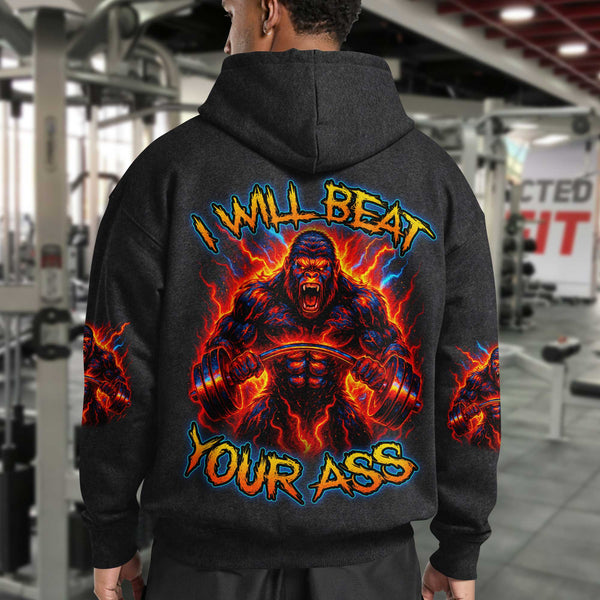 I Will Beat Your Ass Deadlift Men's Gym Hoodie, Workout Shirt, Oversized Pullover Hoodie
