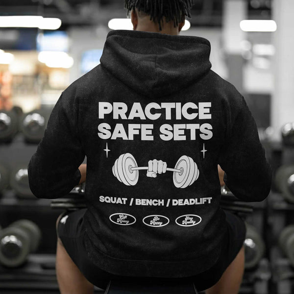 Practice Safe Sets Men's Gym Hoodie, Workout Shirt, Oversized Pullover Hoodie