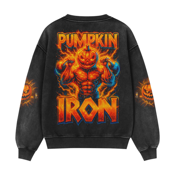 Pumpkin Iron Halloween Men's Gym Sweatshirt, Workout Shirt, Oversized Crewneck Sweatshirt