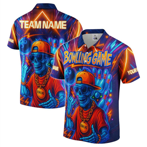 Personalized Bowling Game Skull Gangster Men Women Performance Polo Shirt Custom Name Bowling Team Jersey
