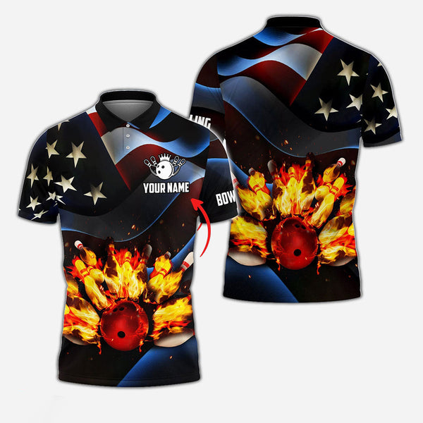 Personalized Bowling US Flag Patriotic Men Women Polo Shirt Custom Name Bowling Team Jersey