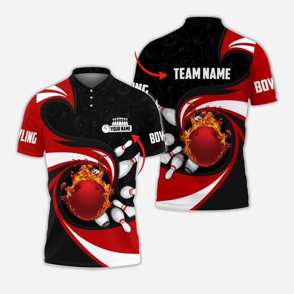 Bowling And Pins Flame Personalized Men Women Polo Shirt Custom Bowling Team Jersey
