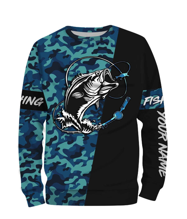 Bass Fishing Sea Camo Personalized Men Women Long Sleeve Shirt Custom Fishing Apparel