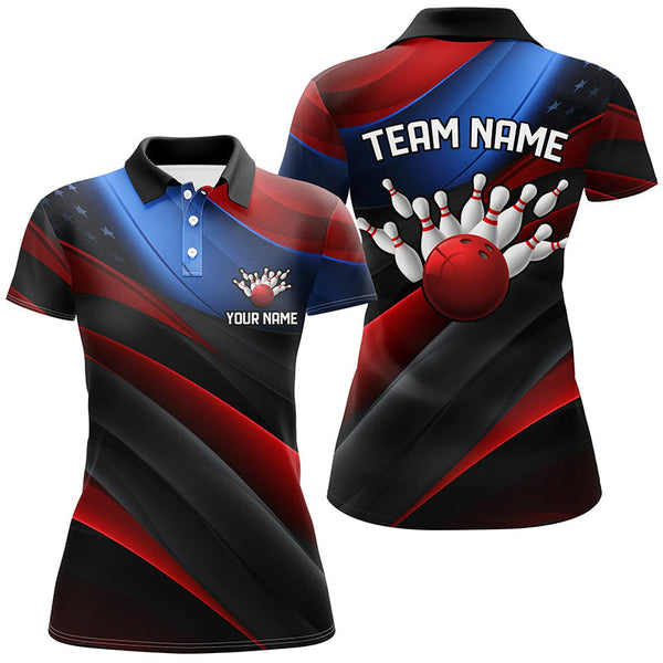 Personalized Bowling American Flag Patriotic Women Performance Polo Shirt Custom Name Bowling Team Jersey