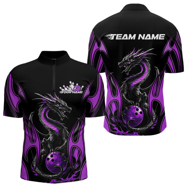 Bowling Black And Purple Flame Dragon Personalized Men Women Polo Shirt Custom Bowling Team Jersey